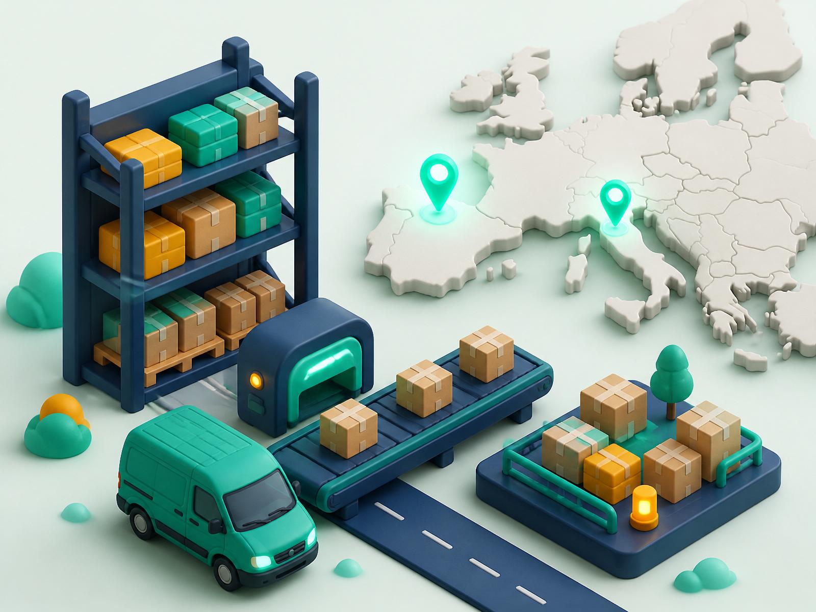 Isometric 3D scene of an EU fulfillment warehouse with parcels, conveyor, delivery van and highlighted Italy & Spain